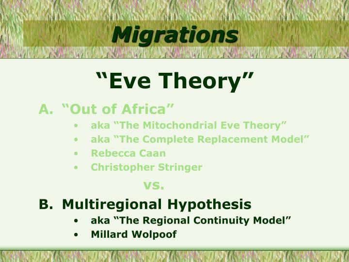 multiregional thesis The multiregional hypothesis , multiregional evolution ( mre ), or polycentric hypothesis is a scientific model that provides an alternative explanation to the more widely accepted out of africa model of monogenesis for the pattern of human evolution . multiregional thesis The multiregional hypothesis , multiregional evolution ( mre ), or polycentric hypothesis is a scientific model that provides an alternative explanation to the more widely accepted out of africa model of monogenesis for the pattern of human evolution .