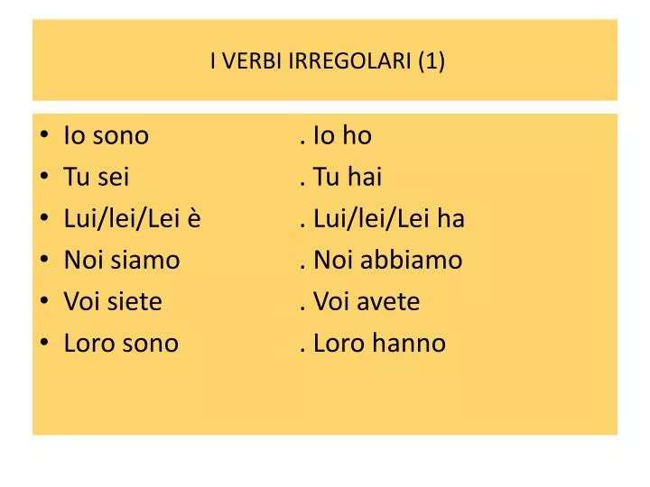 Io Tu Lui Lei Noi Voi Loro PPT - I VERBI IRREGOLARI (1) PowerPoint Presentation - ID:3935765