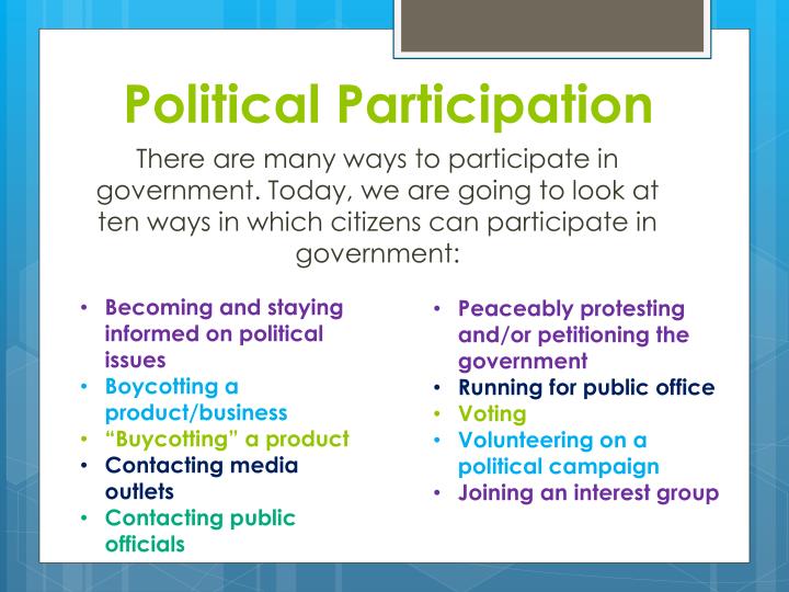 the importance of political participation among citizens How can citizens participate from we the people: they may choose among many different ways of doing this are all these forms of participation equally important in protecting our basic rights why or why not. the importance of political participation among citizens How can citizens participate from we the people: they may choose among many different ways of doing this are all these forms of participation equally important in protecting our basic rights why or why not.