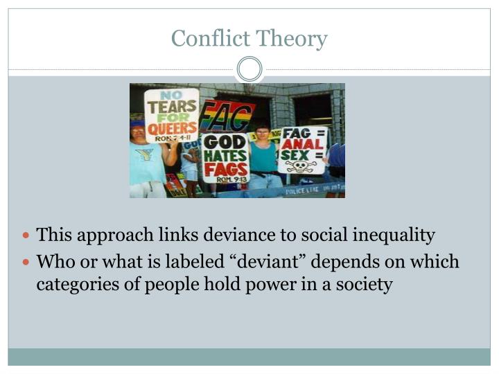 theories of deviance from the conflict Conflict theory deviance results from inequality in society sociological perspectives of deviance functionalism occurs when attachment to social bonds is diminished symbolic interaction those with the power to assign deviant labels create deviance. theories of deviance from the conflict Conflict theory deviance results from inequality in society sociological perspectives of deviance functionalism occurs when attachment to social bonds is diminished symbolic interaction those with the power to assign deviant labels create deviance.
