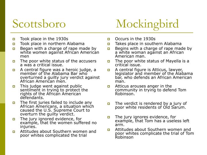 scottsboro trials and to kill a Best answer: both the scottsboro trial and to kill a mockingbird take place in the context of segregation during segregation, the worst crime a. scottsboro trials and to kill a Best answer: both the scottsboro trial and to kill a mockingbird take place in the context of segregation during segregation, the worst crime a.