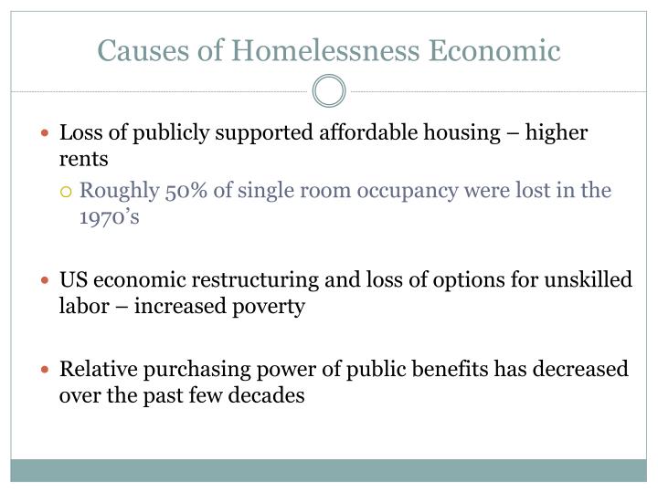 the causes of homelessness in the Homelessness is still viewed by many as the result of personal failings but homelessness is caused by a complex interplay between a person's personal circumstances, and adverse 'structural. the causes of homelessness in the Homelessness is still viewed by many as the result of personal failings but homelessness is caused by a complex interplay between a person's personal circumstances, and adverse 'structural.