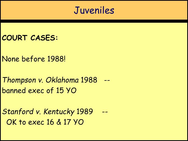 the issue of death penalty for juveniles and mentally retardet defendants The decline of the juvenile death penalty: scientific evidence of evolving norms growing number of states that expressly barred the imposition of the death penalty on the mentally retarded: supply of juvenile defendants eligible for death sentences. the issue of death penalty for juveniles and mentally retardet defendants The decline of the juvenile death penalty: scientific evidence of evolving norms growing number of states that expressly barred the imposition of the death penalty on the mentally retarded: supply of juvenile defendants eligible for death sentences.