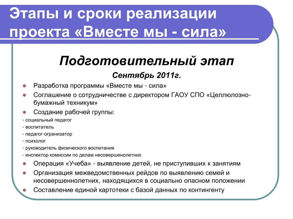 Программа вместе. Сроки и этапы реализации проекта.