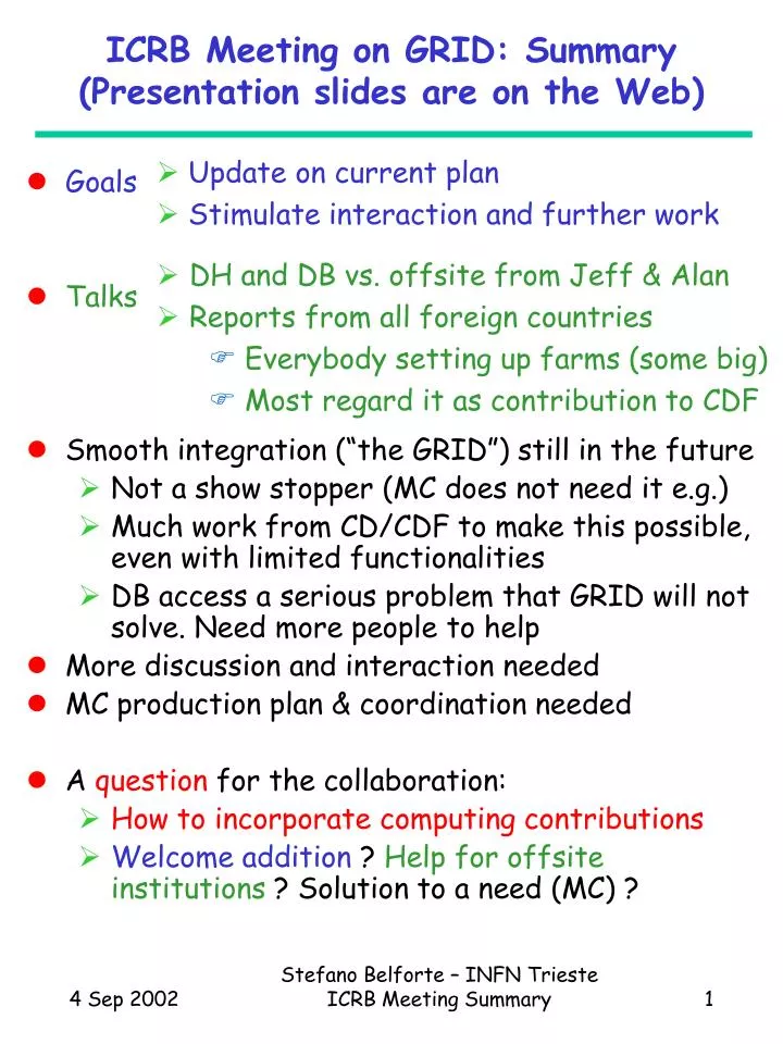 PPT ICRB Meeting on GRID Summary (Presentation slides are on the 