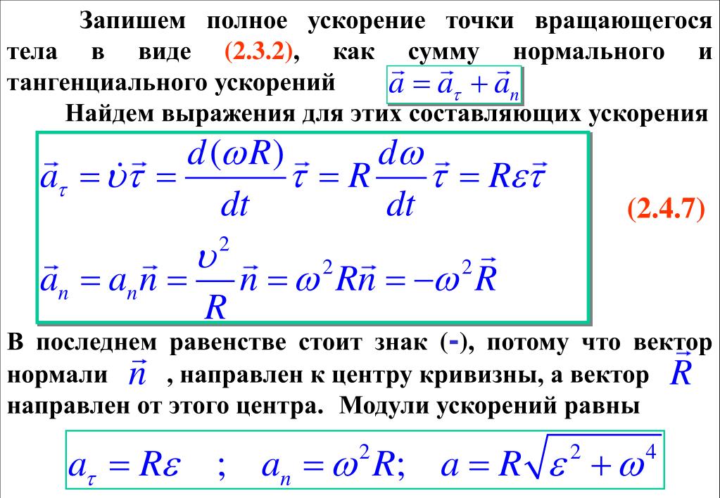 Вертикальная составляющая ускорения. Нормальное и тангенциальное ускорение материальной точки. Тангенциальное составляющие ускорение. Полное ускорение точки вращающегося тела.