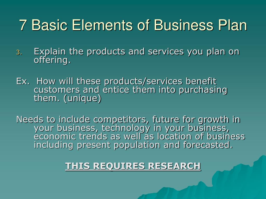 explain the elements of a business plan