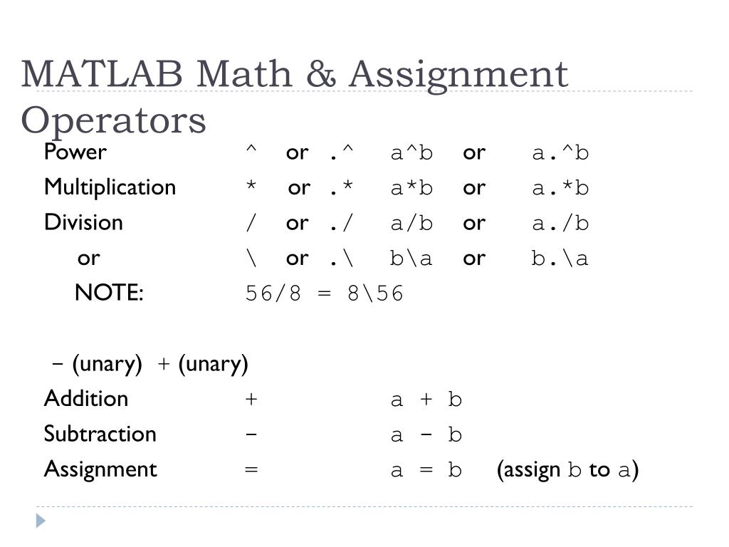 assignment operators in matlab