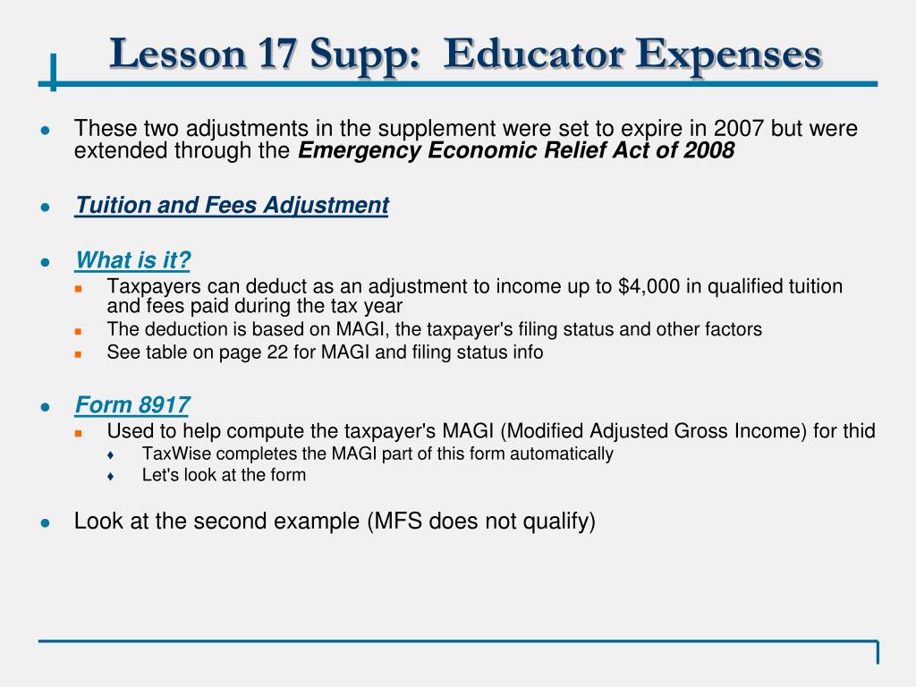 PPT VITA 01/17/09 Lesson 17 Supplement Educator Expenses and