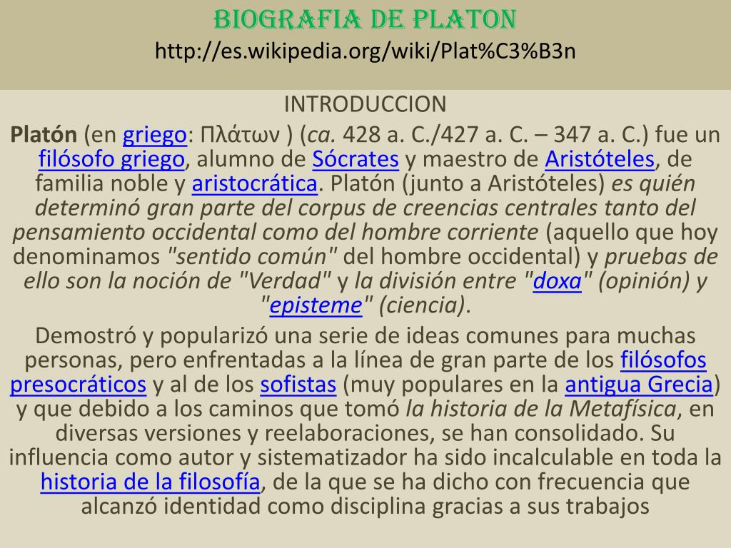 PPT - BIOGRAFIA DE PLATON es.wikipedia/wiki/Plat%C3%B3n PowerPoint  Presentation - ID:3669992