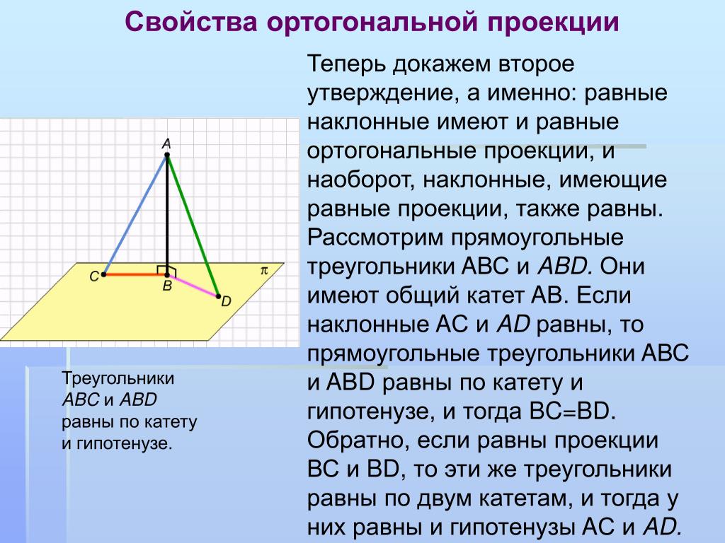 Перпендикуляр и наклонная 10 класс. Свойства ортогональной проекции. Наклонные с равными проекциями. Ортогональная проекция треугольника. Наклонная в треугольнике.