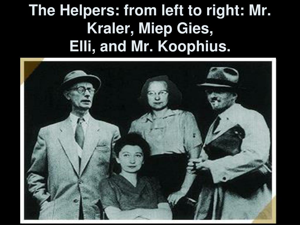 the helpers from left to right mr kraler miep gies elli and mr koophius l