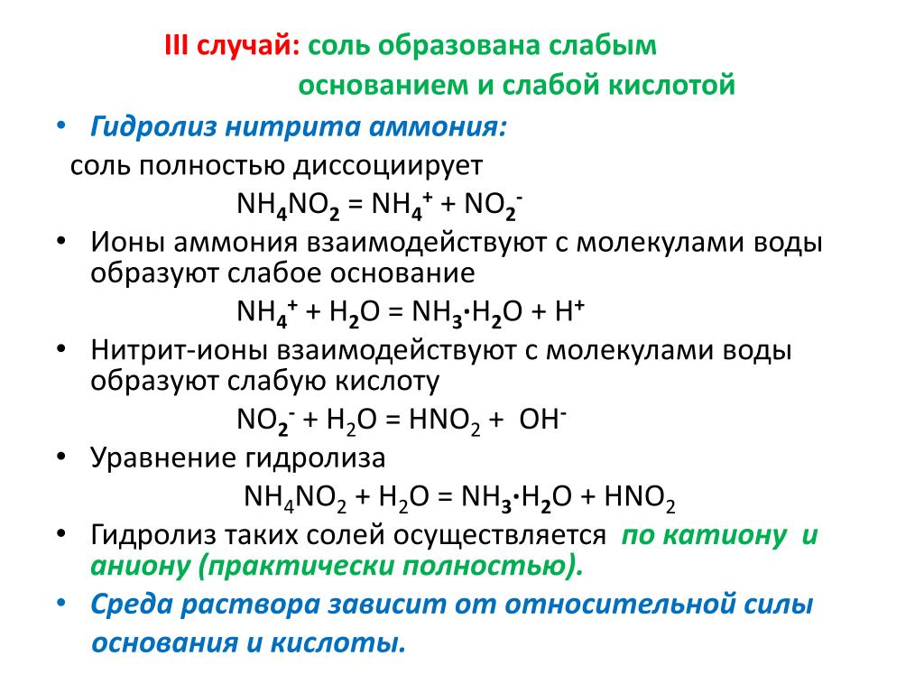 Нитрат аммония взаимодействует с гидроксидом натрия. Гидролиз солей нитрита аммония. Гидролиз солей аммония уравнения реакций.