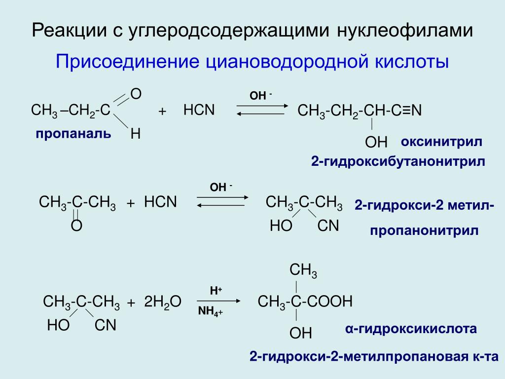 Взаимодействие уксусной кислоты с водой. Присоединение циановодородной кислоты. Пропаналь с циановодородной кислотой. Кетон и циановодородная кислота. Взаимодействие пропаналя с синильной кислотой.