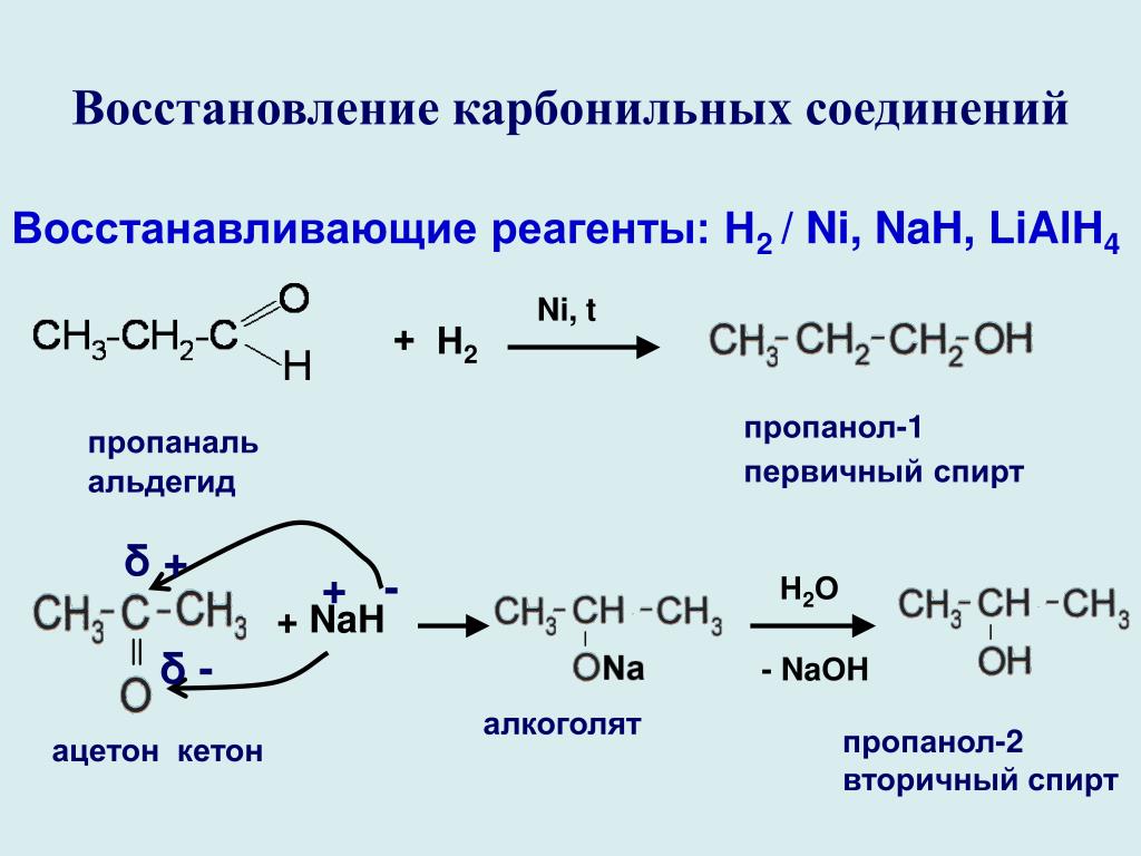 Этаналь и пропанон. Реакция восстановления карбонильных соединений. Пропанол-1 из карбонильного соединения. Восстановлением соответствующего карбонильного соединения,.