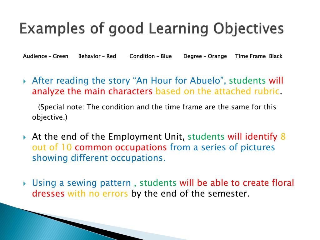 examples of learning objectives for presentations