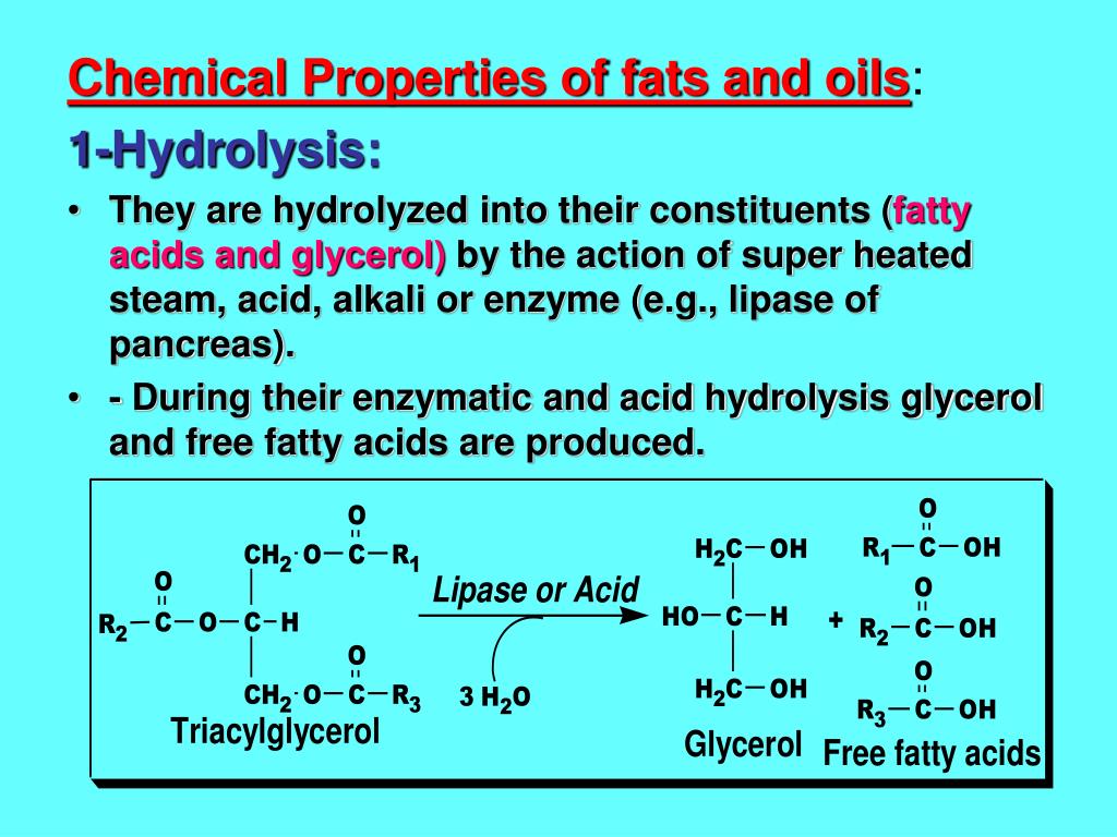 Chemical properties. Chemical properties of glycerol. Fats Chemistry. Structures of fats and Oils. Oil hydrolysis.