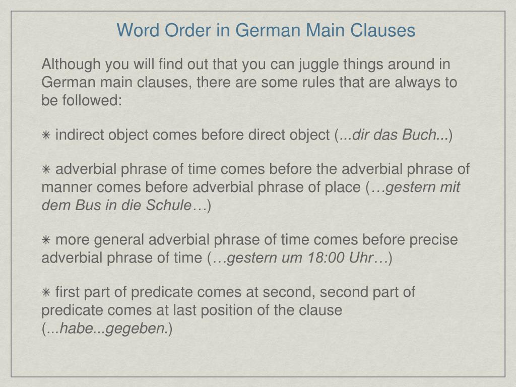 PPT Word Order in German Main Clauses PowerPoint Presentation, free