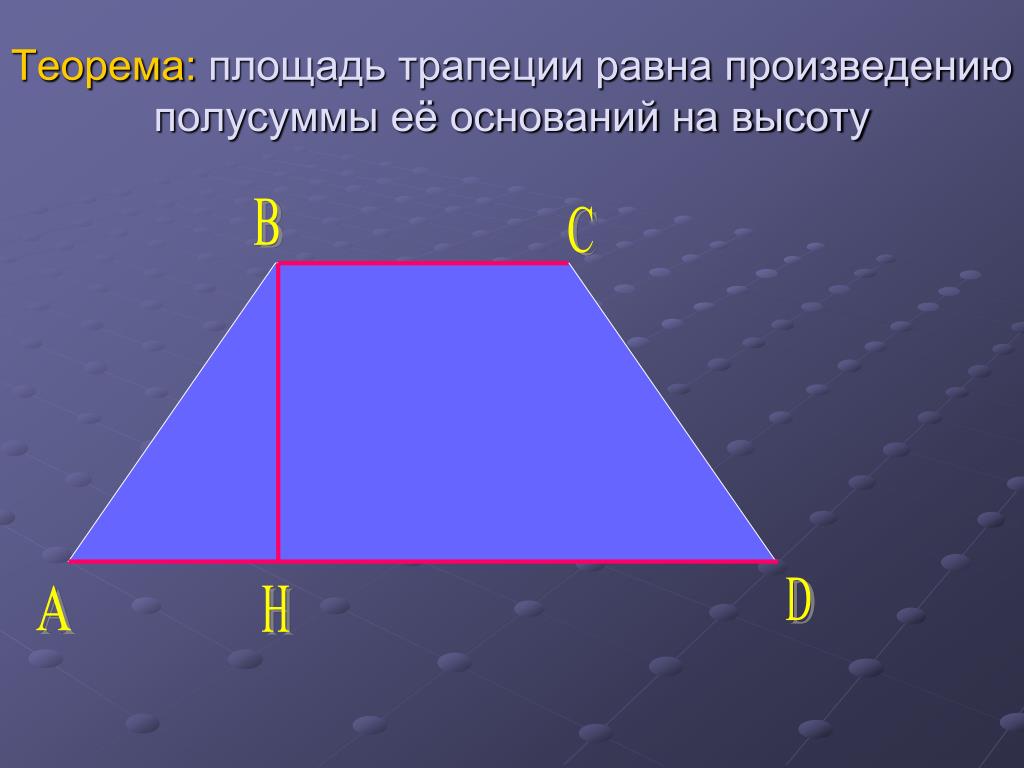 Произведения полусумма оснований на высоту. Площадь трапеции равна произведению полусуммы оснований на высоту. Площадь трапеции равна произведению полусуммы ее оснований. Теорема трапеции. Теорема о площади трапеции.