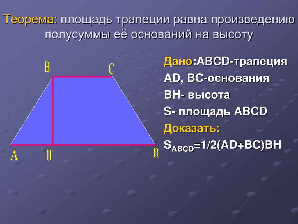 Площадь равна произведению полусуммы оснований на высоту. Доказательство площади трапеции 8 класс геометрия. Площадь трапеции 8 класс. Теорема о площади трапеции. Теорема о площади трапеции с доказательством.