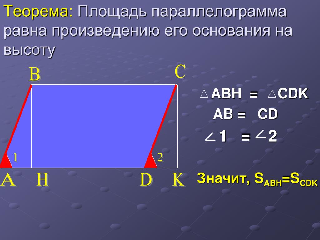 Формулы площадей треугольников параллелограммов трапеции. Площадь параллелограмма. Теорема о площади параллелограмма. Площадь параллелограмма доказательство. Док во площади параллелограмма.
