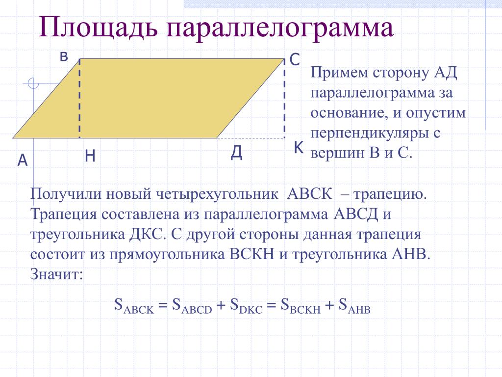 Площадь параллелограмма равна произведению его основания. Площадь параллелограмма АВСД формула. Теорема о площади параллелограмма. Площадь параллелограмма по стороне и высоте. Нахождение площади параллелограмма с высотой.