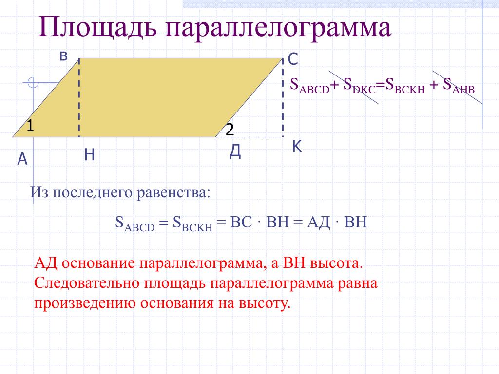 Произведение основания на высоту параллелограмма. Высота параллелограмма формула без площади. Чему равна площадь параллелограмма формула. 2. Площадь параллелограмма.. Две формулы площади параллелограмма.