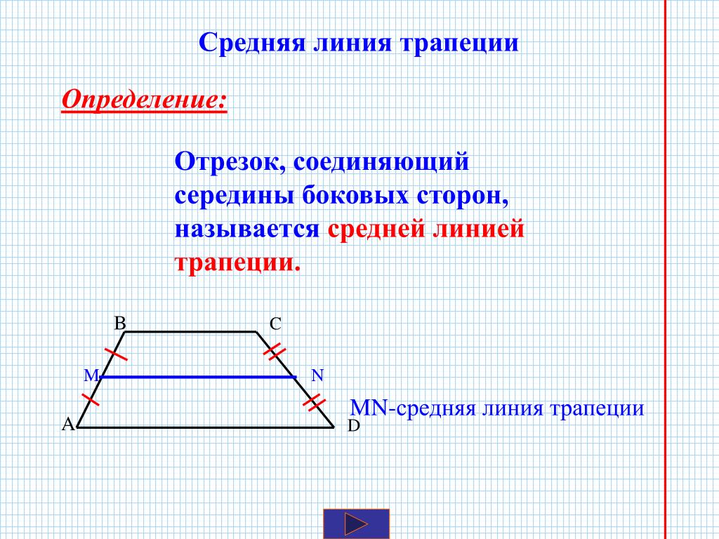 Длина средней линии трапеции. Середина боковой стороны трапеции. Определение средней линии трапеции. Средняя гармоническая трапеции. Боковая линия трапеции.