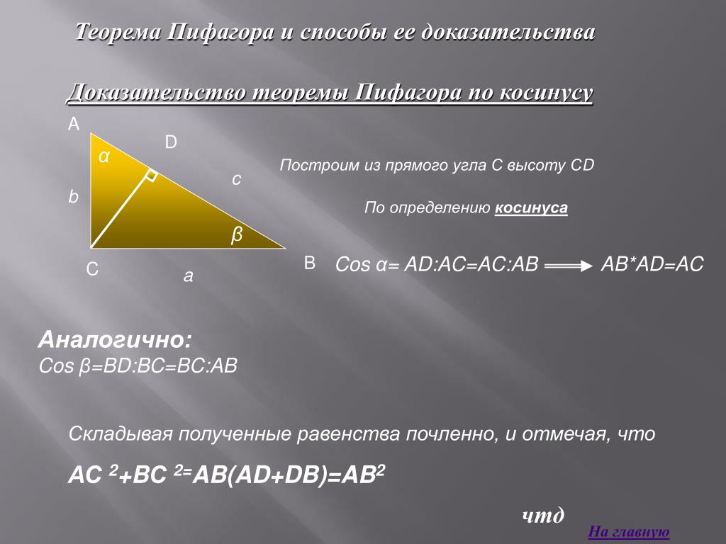 Виды теоремы пифагора. Доказательство теоремы Пифагора. Доказательство теоремы Пифагора с косинусом. Теорема Пифагора 2 доказательства. Способы доказательства теоремы Пифагора 8 класс.