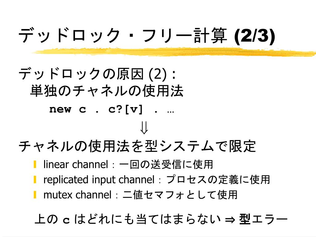 Ppt チャネル使用法計算に基づく 部分的デッドロック フリー 型付きプロセス計算の拡張 Powerpoint Presentation Id Ppt チャネル使用法計算に基づく 部分的デッドロック フリー 型付きプロセス計算の拡張 Powerpoint Presentation Id
