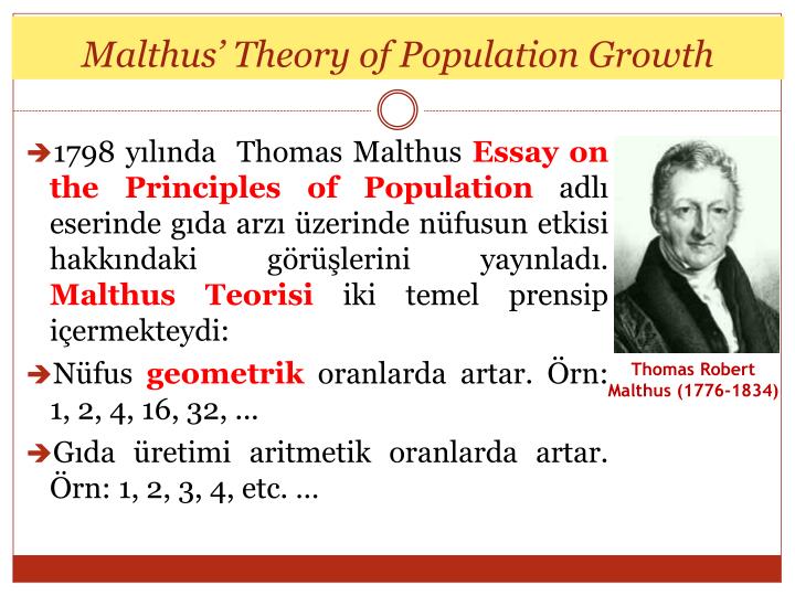 malthus theory of population growth Thomas malthus' theory of population proposed that, while the human population grows exponentially, food production grows arithmetically hence, at some point humans might face having too few resources to survive malthus believed that controlling population growth would help to avoid this. malthus theory of population growth Thomas malthus' theory of population proposed that, while the human population grows exponentially, food production grows arithmetically hence, at some point humans might face having too few resources to survive malthus believed that controlling population growth would help to avoid this.