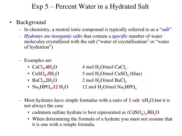 exp 5 percent water in a hydrated salt n.