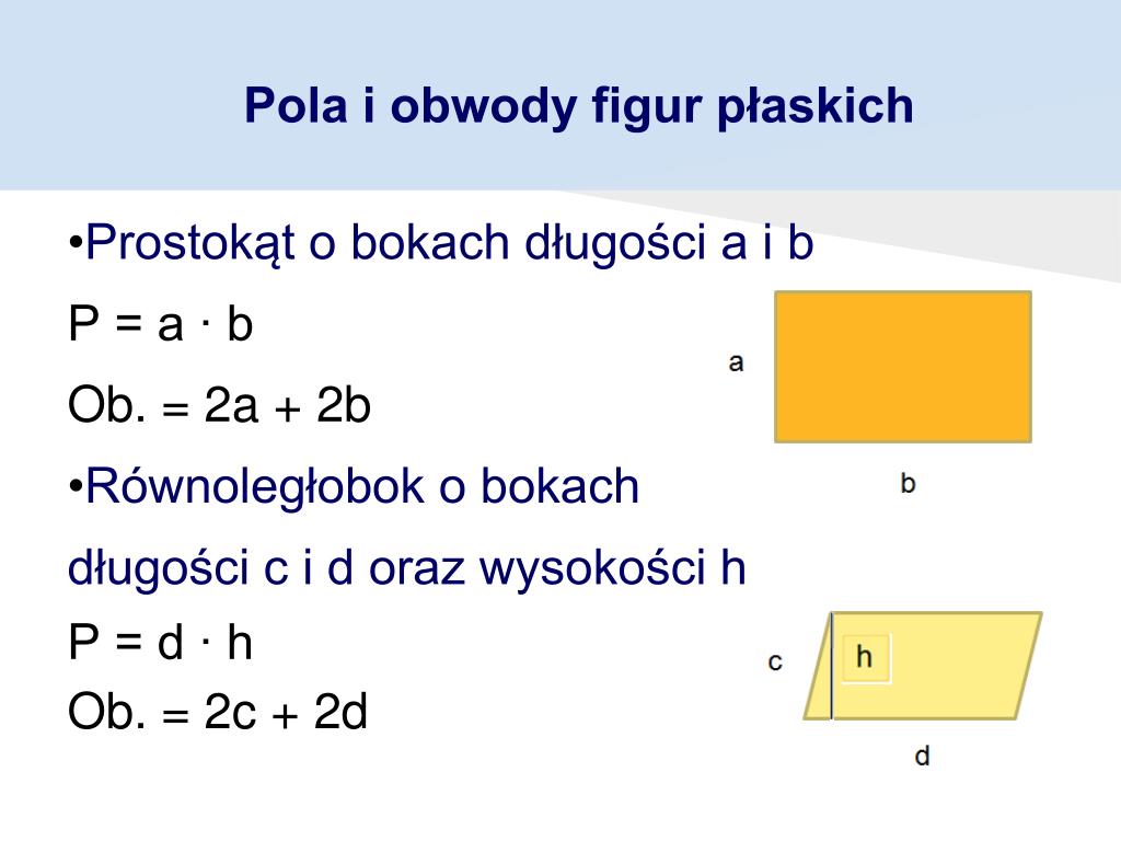 Pola Figur Płaskich Wzory Pdf PPT - Wzory na obliczanie pola powierzchni i obwodu figur płaskich