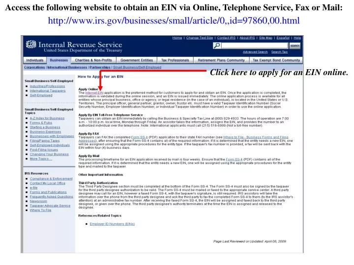 ppt click here to apply for an ein online powerpoint presentation irs gov ein confirmation letter