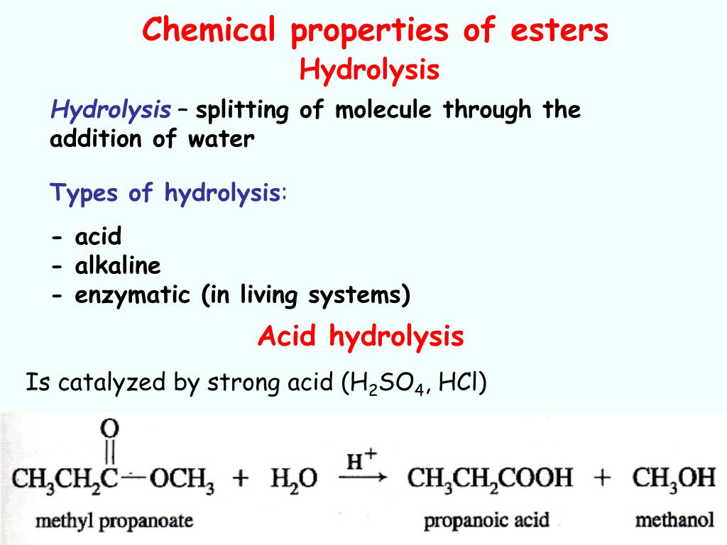 Chemical properties. Properties of esters. Alkaline hydrolysis. Hydrolysis латынь.