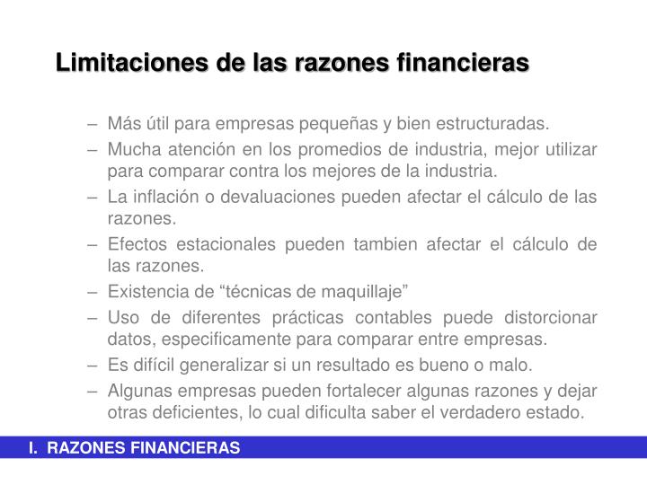 PPT - I. RAZONES FINANCIERAS Tipos de razones: Razones de liquidez