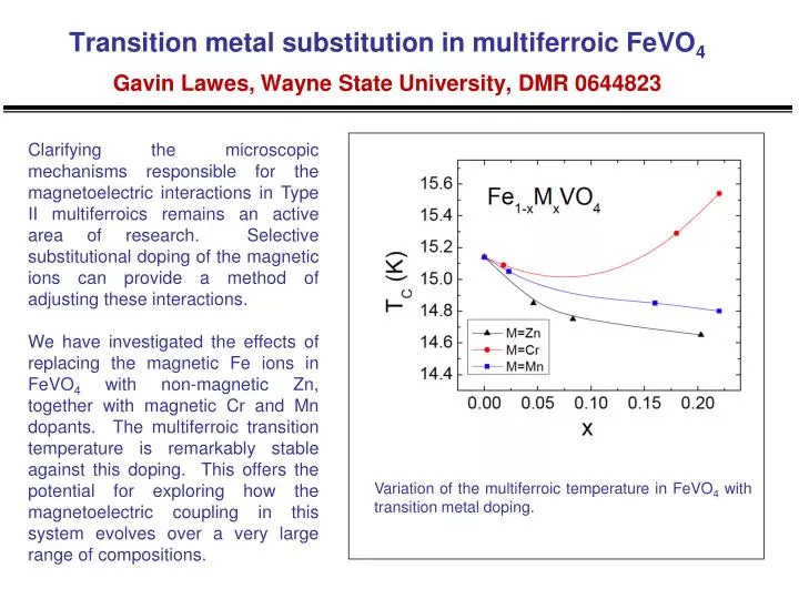 transition metal substitution in multiferroic fevo 4 gavin lawes wayne state university dmr 0644823 n.