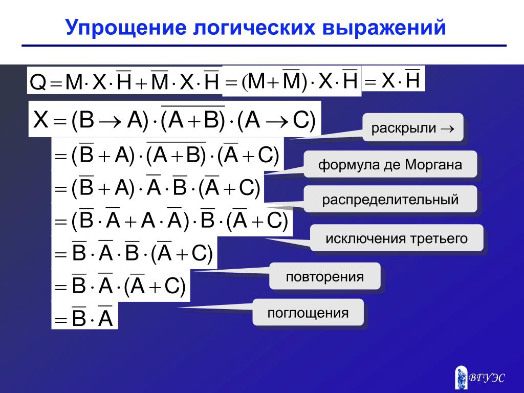 Математические и логические выражения. Упрощение логических выражений. Упустить логическое выражение. Упростить логическую формулу.