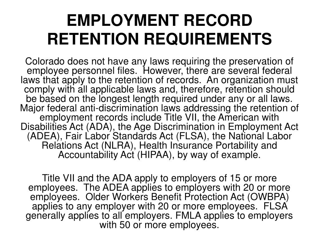PPT EMPLOYMENT RECORD RETENTION REQUIREMENTS PowerPoint Presentation