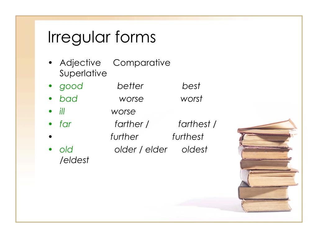 Irregular adjectives. Irregular Comparative forms. Comparative and Superlative forms of adjectives. Irregular Comparative adjectives. Irregular forms of adjectives.