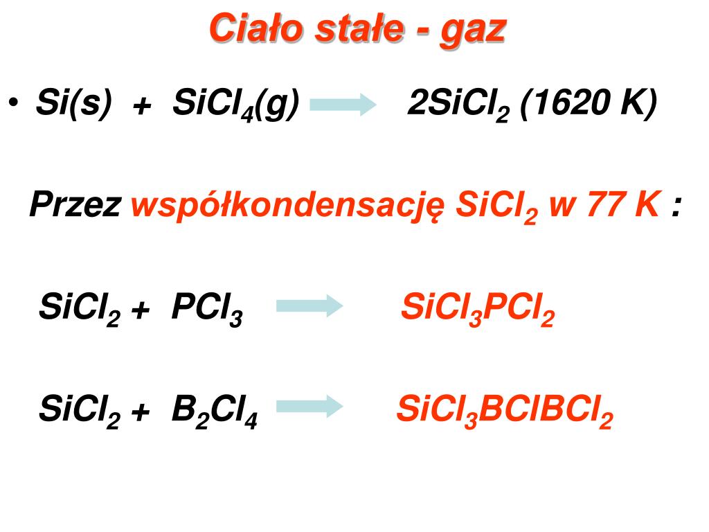 Si(s) + SiCl4(g) 2SiCl2 (1620 K) Przez współkondensację SiCl2 w 77 K : SiCl...