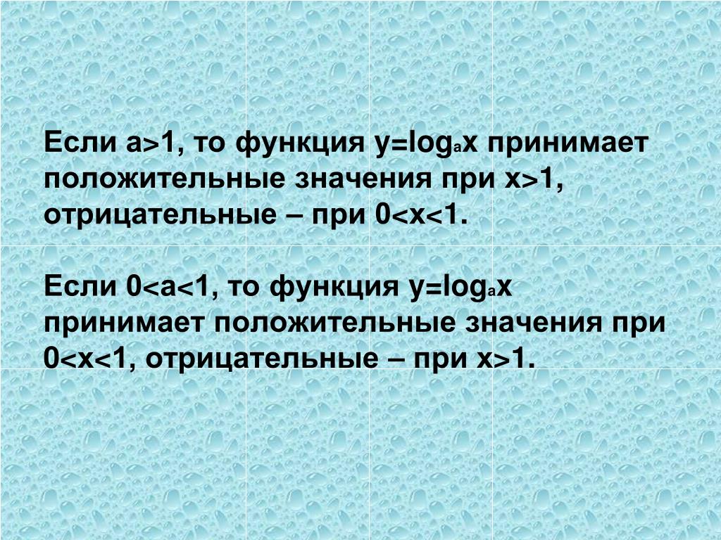 Принимает положительные значения. Если а>0,а=1,то функция y=logax принимает положительные значения. Функция y logax при a>1 отрицательная. В выражении logax x может принимать только положительные значения. В выражении logax a может принимать любое значение.