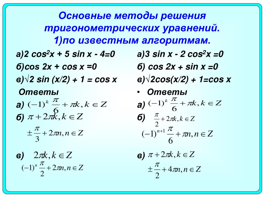 Алгоритм решения тригонометрических. Методы решение уравнения тригонометрические уравнения. Методы решения тригонометрических уравнений формулы. Формулы, способы решения тригонометрических уравнений. Алгебра 10 класс методы решения тригонометрических уравнений.