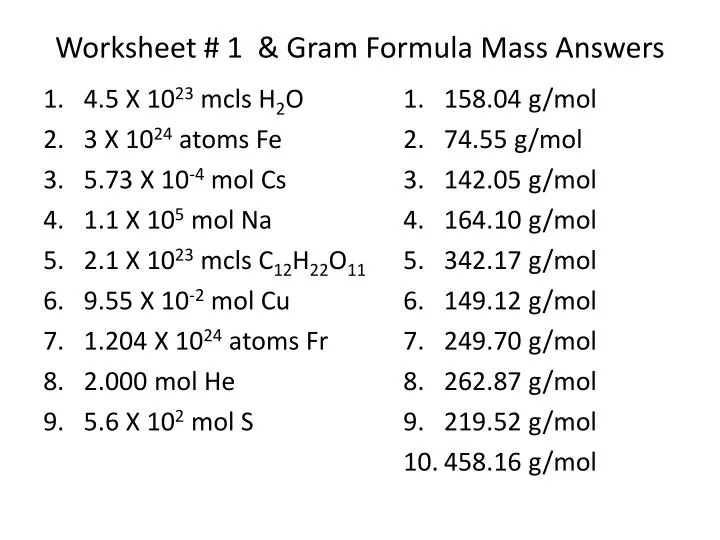 Gram Formula Mass Worksheet Answers