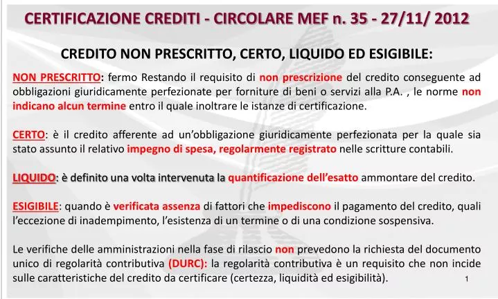 PPT - CERTIFICAZIONE CREDITI - CIRCOLARE MEF n. 35 - 27/11/ 2012 ...