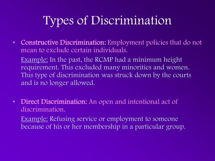 types discrimination Below is helpful information from the equal opportunity employment commission regarding specific types of discrimination prohibited by. types discrimination Below is helpful information from the equal opportunity employment commission regarding specific types of discrimination prohibited by.