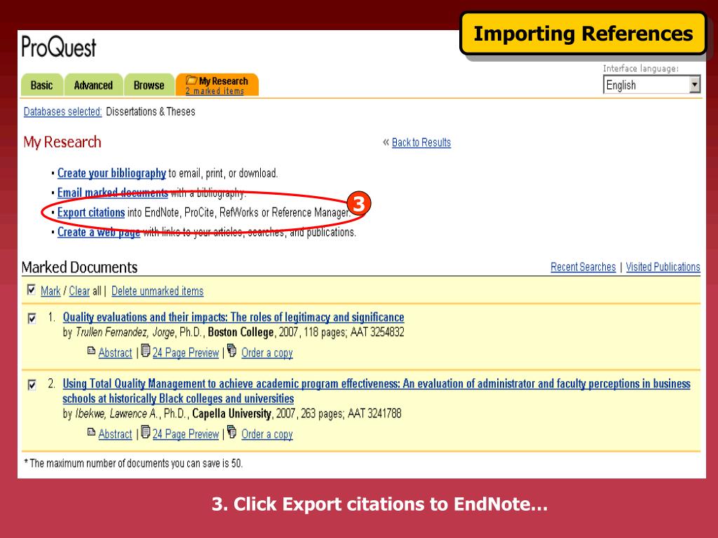 how to import references into endnote from proquest