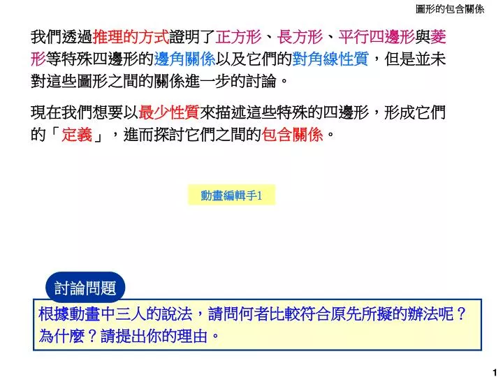 Ppt 我們透過推理的方式證明了正方形 長方形 平行四邊形與菱形等特殊四邊形的邊角關係以及它們的對角線性質 但是並未對這些圖形之間的關係進一步的討論 Powerpoint Presentation Id