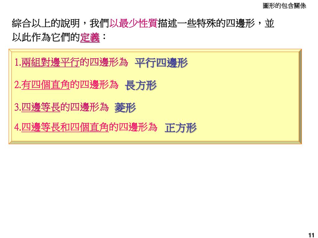 Ppt 我們透過推理的方式證明了正方形 長方形 平行四邊形與菱形等特殊四邊形的邊角關係以及它們的對角線性質 但是並未對這些圖形之間的關係進一步的討論 Powerpoint Presentation Id