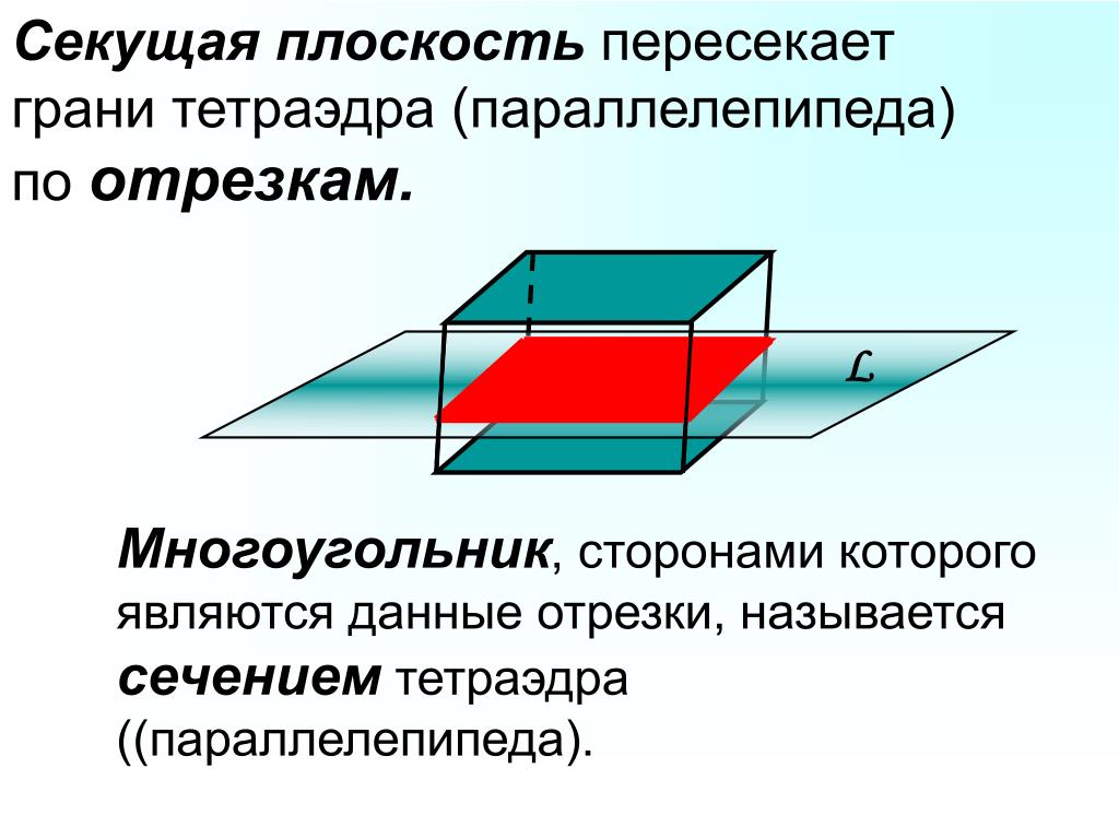 Параллельные плоскости тетраэдр параллелепипед. Секущая плоскость. Секущая плоскость тетраэдра. Секущая плоскость и сечение многогранника. Секущая плоскость параллелепипеда.